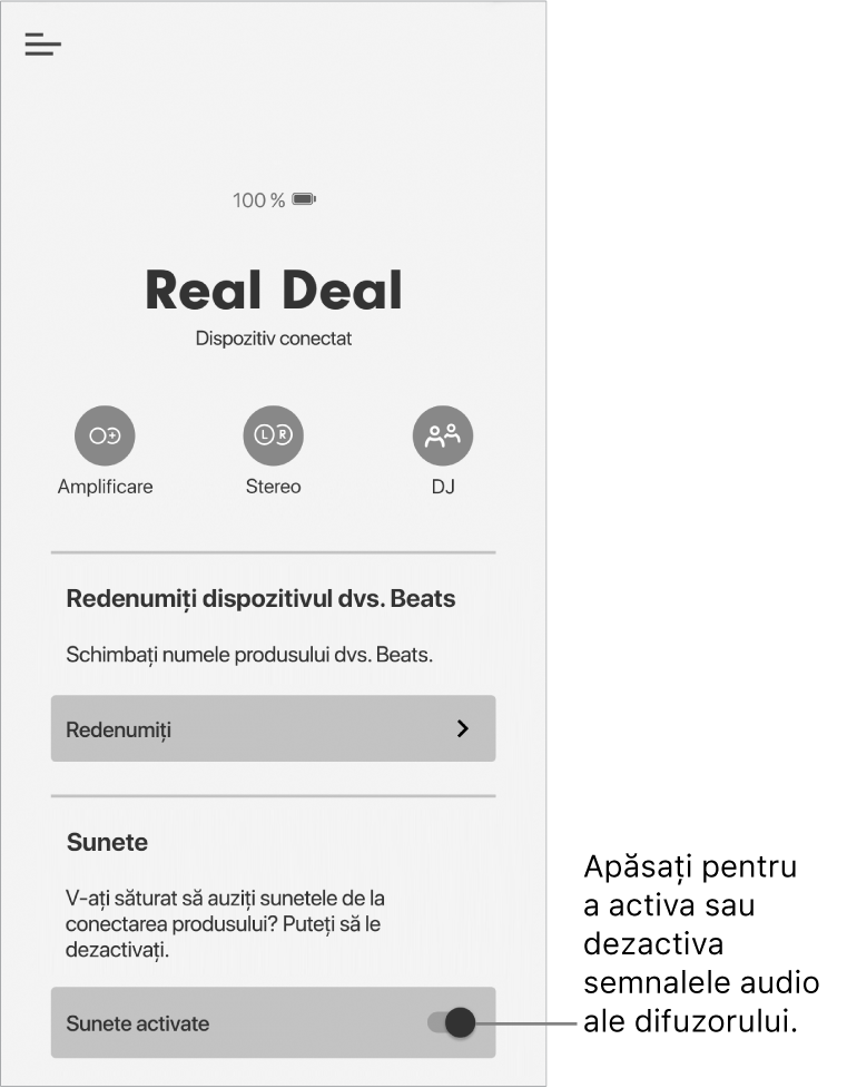 Comanda „Sunete” în aplicația Beats pe ecranul dispozitivul