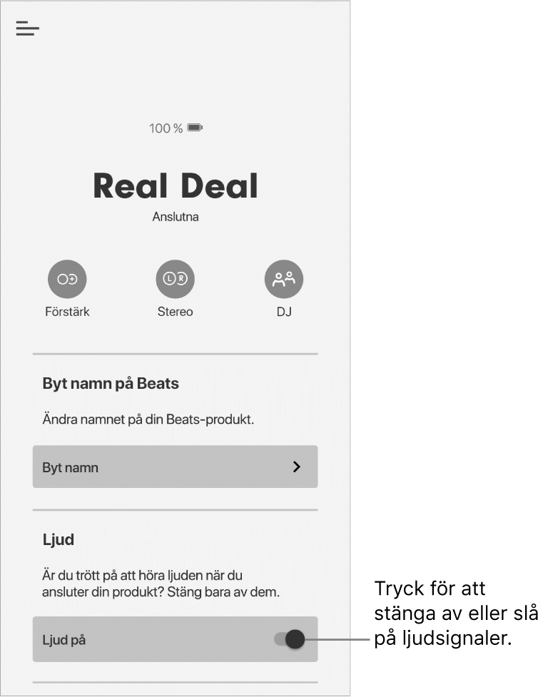 Ljudreglaget på enhetsskärmen i Beats-appen