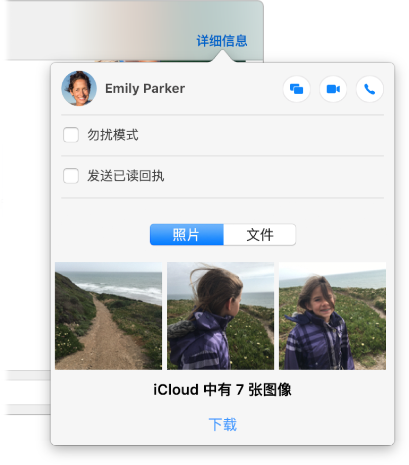 “详细信息”视图,右上角是“屏幕共享”、“视频”和“音频”按钮。
