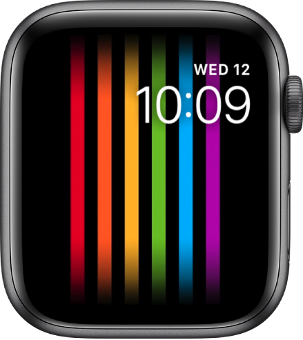 The Pride watch face showing vertical rainbow stripes with the day, date, and time at the top right.
