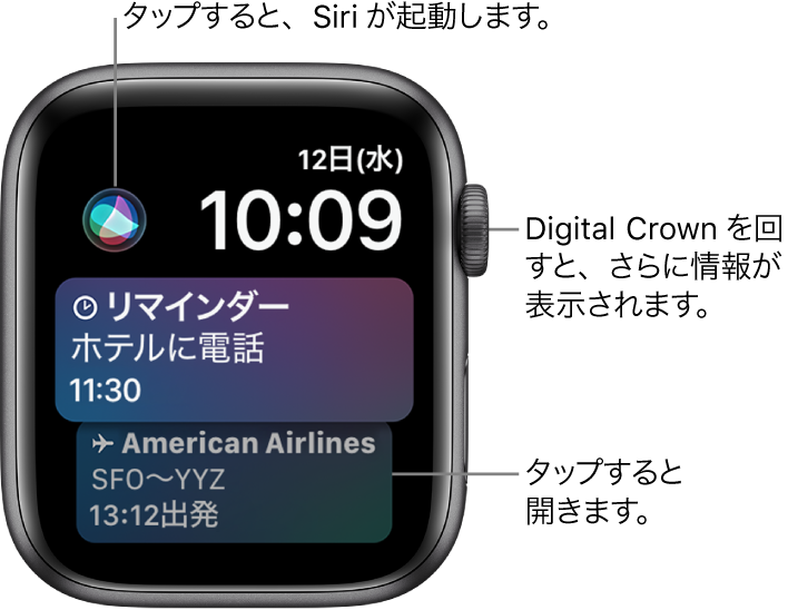 「Siri」の文字盤。リマインダーと搭乗券が表示されています。画面の左上に Siri ボタンがあります。右上に日付と時刻が表示されています。