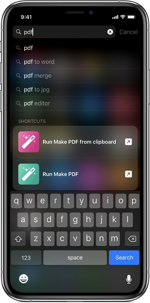 Vyhledání zkratek s klíčovým slovem „pdf“ v systému iOS a zobrazené výsledky: zkratka „Spustit vytvoření PDF ze schránky“ a zkratka „Spustit vytvoření PDF“