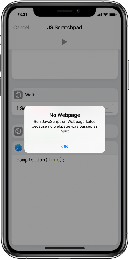 The shortcut editor showing a No Webpage error message.