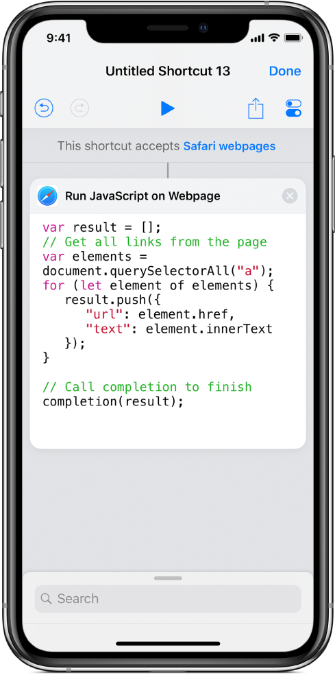 The Run JavaScript on Web Page action in the shortcut editor.