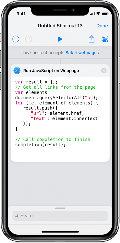 La acción "Ejecutar JavaScript en página web" en el editor de atajos.