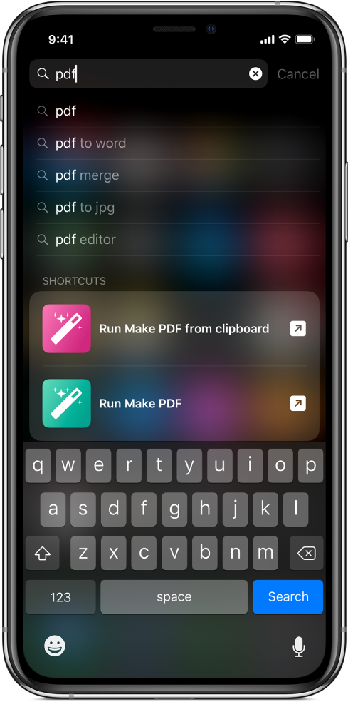 Búsqueda de iOS con la palabra clave de atajo "pdf" y los resultados de la búsqueda: Atajo "Ejecutar 'Crear PDF' desde portapapeles" y el atajo "Ejecutar 'Crear PDF'".