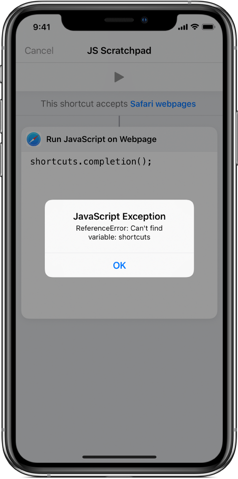 El editor de atajos mostrando un mensaje de error de Excepción de JavaScript.