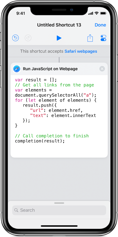 Suorita JavaScript verkkosivulla -toiminto oikotie-editorissa.