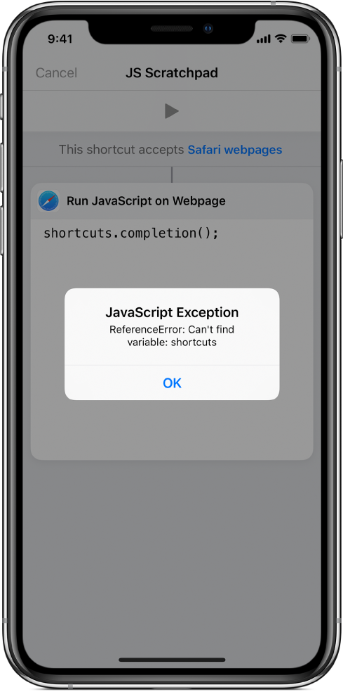 Éditeur de raccourcis qui affiche un message d’erreur « Exception JavaScript ».