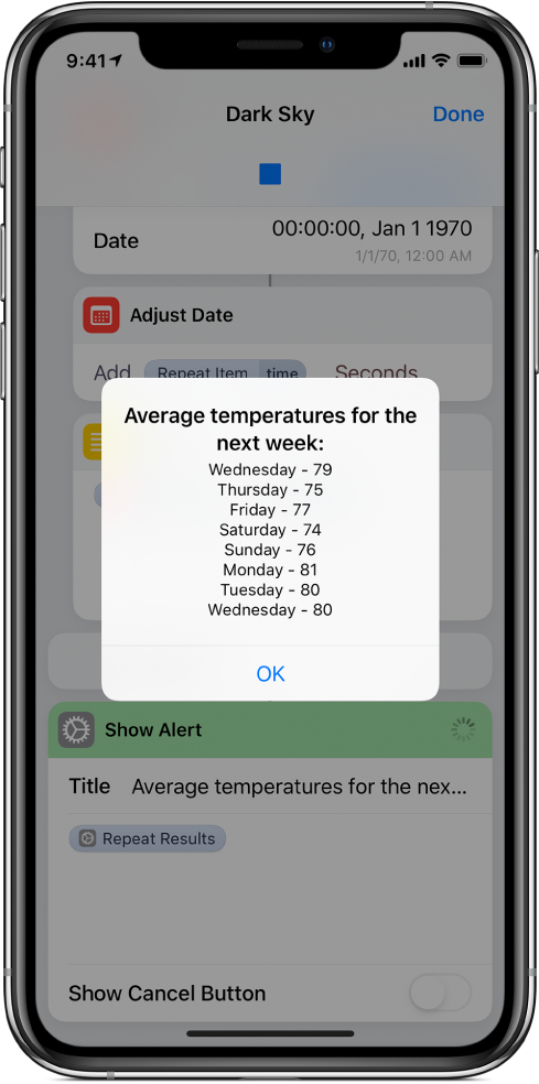 Alerte résultante affichant les températures moyennes pour la semaine dans l’éditeur de raccourcis.