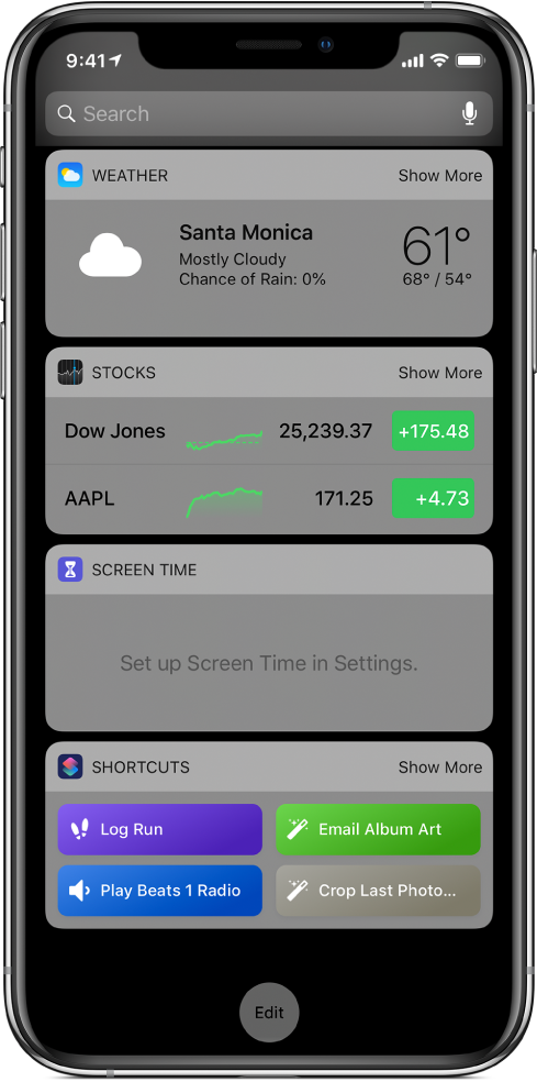 Widget Raccourcis dans la vue Aujourd’hui sur l’iPhone.