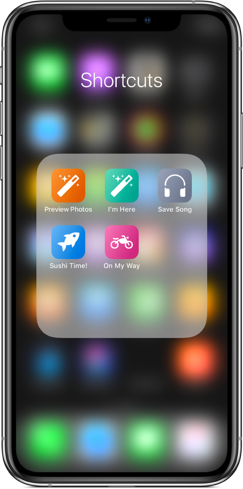 iOS होम स्क्रीन पर फ़ोल्डर में शॉर्टकट समूहीकृत किए गए।
