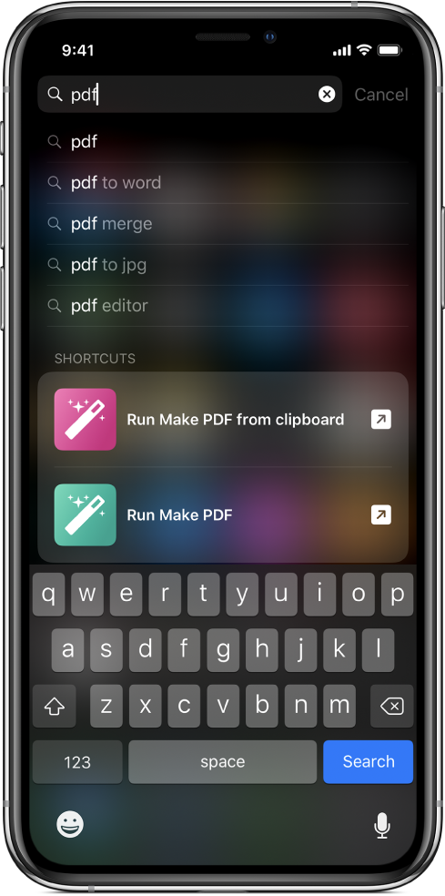 iOS pretraživanje za ključnu riječ prečaca “pdf” i rezultati pretraživanja: Prečac “Pokreni Izradi PDF iz memorijskog pretinca” i prečac “Pokreni Izradi PDF”.