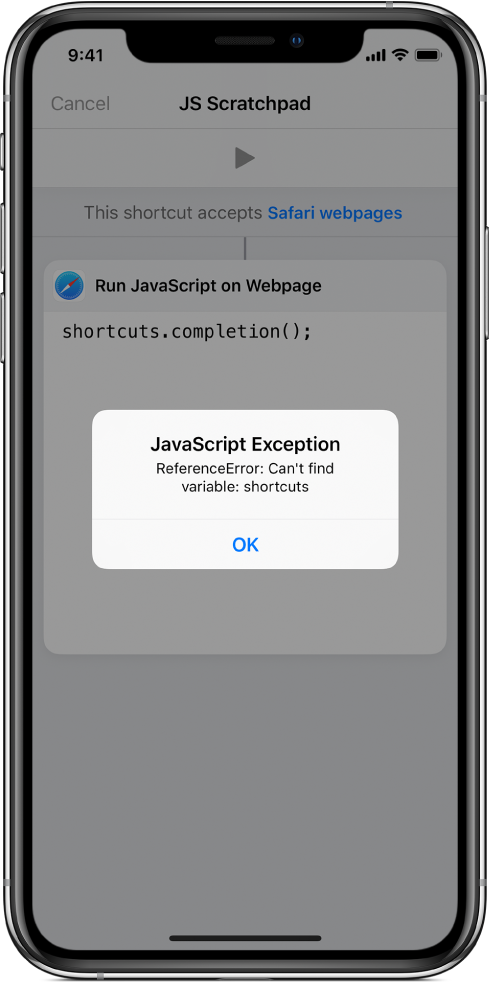 Editor pintasan menampilkan pesan kesalahan Pengecualian JavaScript.