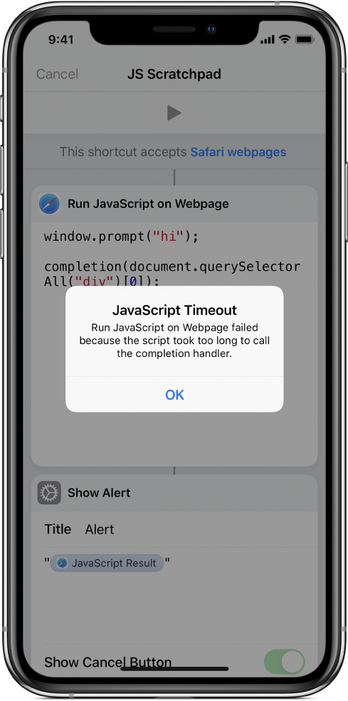 「JavaScriptタイムアウト」エラーメッセージが表示されているショートカットエディタ。