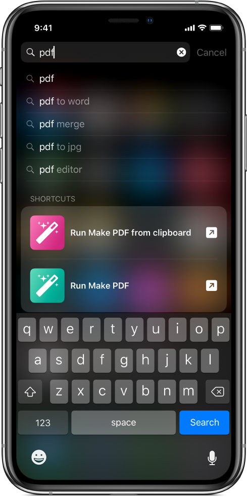 ‘pdf’ 단축어 키워드를 iOS에서 검색하고 검색 결과는 다음과 같음: ‘클립보드에서 PDF 만들기 실행‘ 단축어 및 ‘PDF 만들기 실행‘ 단축어.