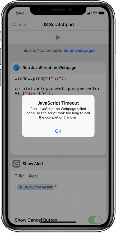 ‘JavaScript 시간 초과’ 오류 메시지를 표시하는 단축어 편집기.