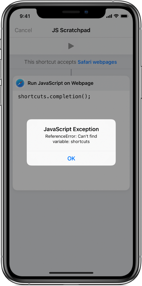 O editor de atalhos a mostrar uma mensagem de erro “Exceção de JavaScript”.