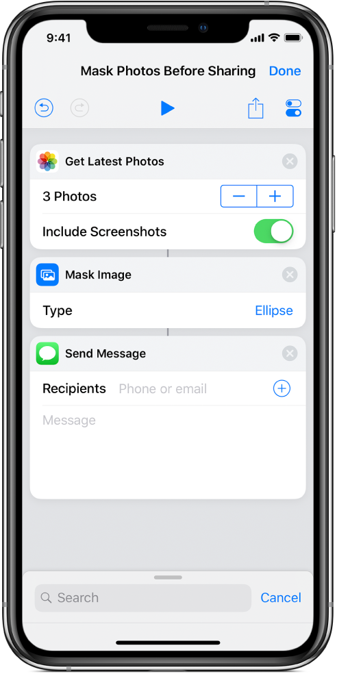 Genvägsredigerare som visar en annan bildrelaterad genväg.