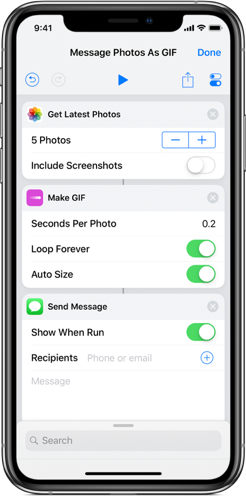 Genvägsredigeraren som visar de åtgärder som används för att skicka ett meddelande med bilder som en animerad GIF.