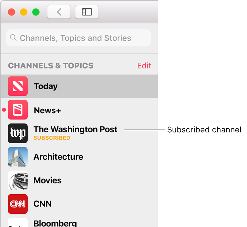 The sidebar in the Apple News window showing a subscribed channel.