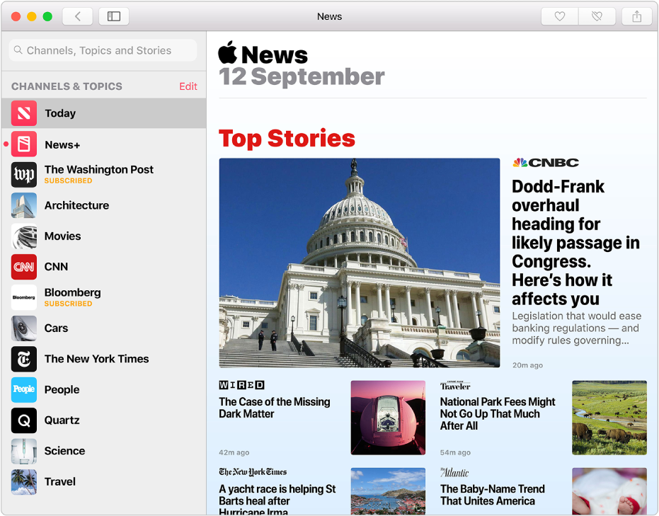 The Apple News window with the sidebar on the left and stories on the right.