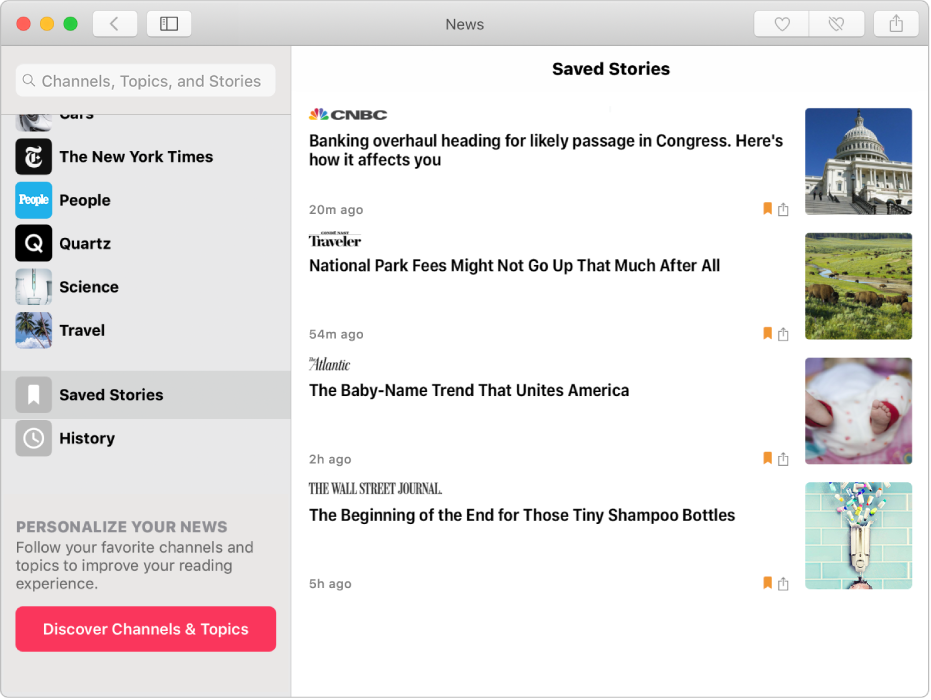 The Apple News window with Saved Stories selected in the sidebar on the left and the list of saved stories on the right.