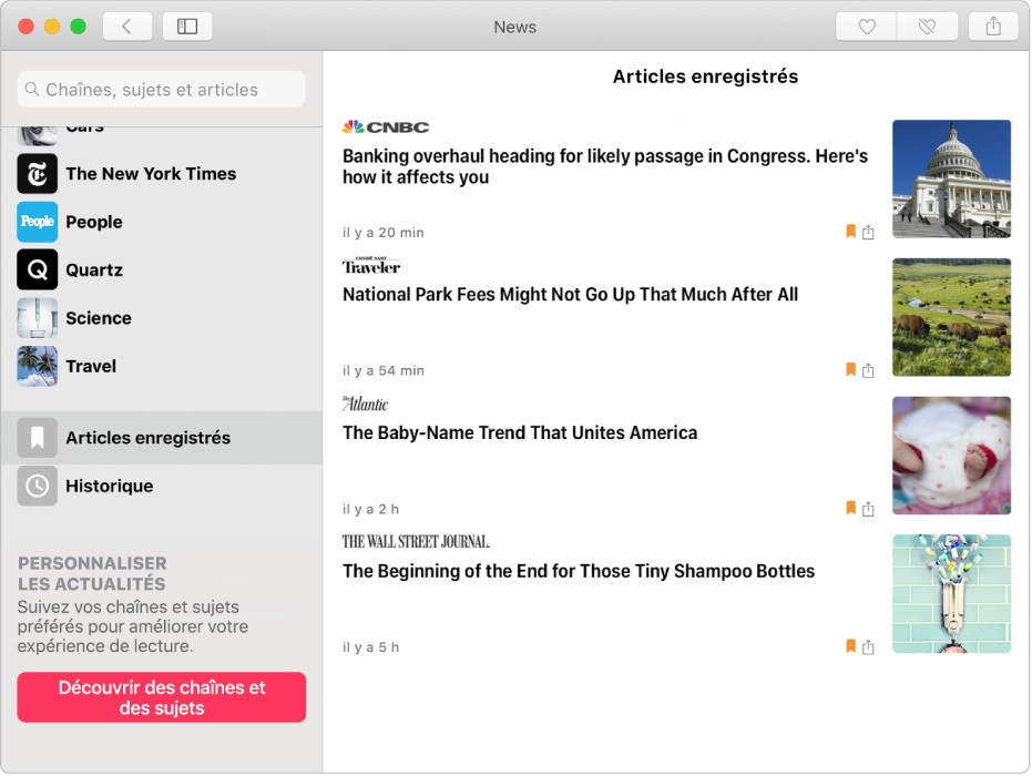 La fenêtre Apple News où Articles enregistrés est sélectionné dans la barre latérale sur la gauche et où la liste des articles enregistrés s’affiche sur la droite.