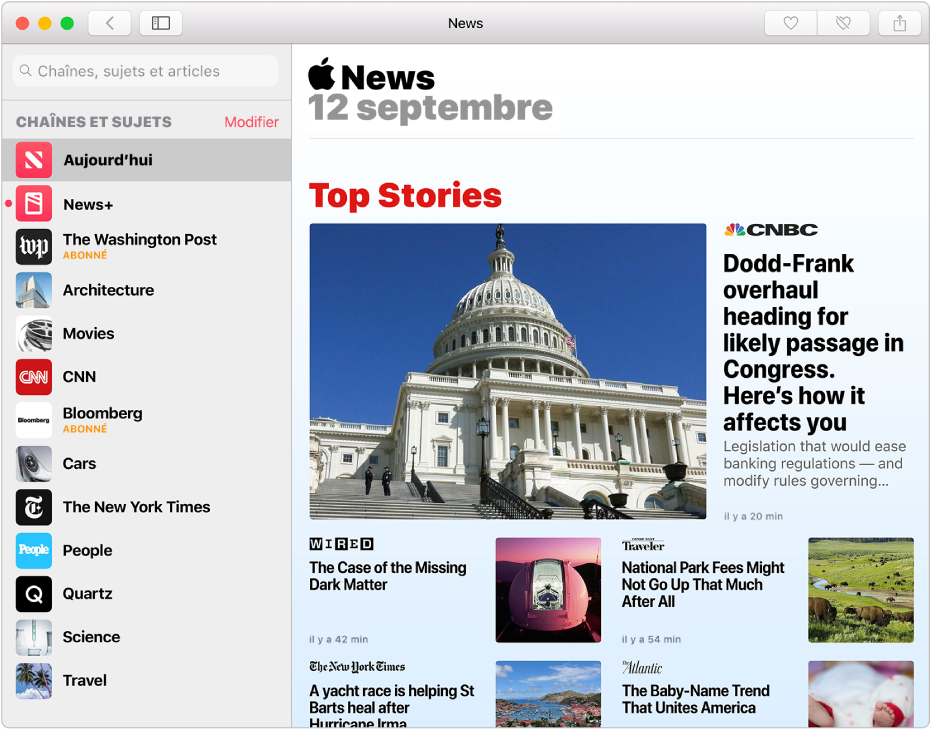 La fenêtre Apple News présentant la barre latérale sur la gauche et les articles sur la droite.