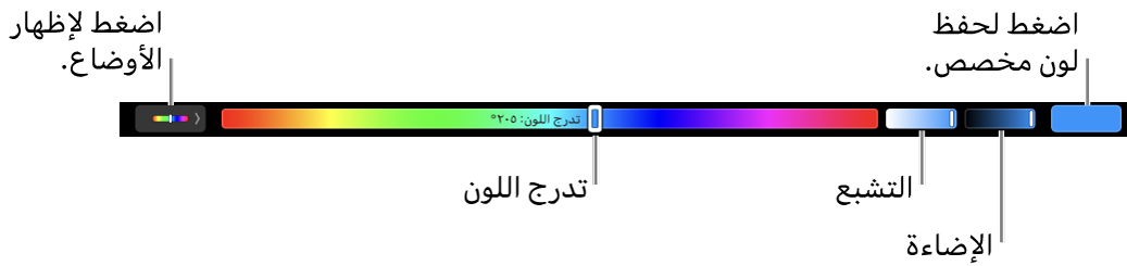 الـ Touch Bar ويعرض أشرطة تمرير الصبغة، ودرجة التشبع، والسطوع لنموذج HSB. على الطرف الأيسر يوجد زر لإظهار كل ملفات التعريف؛ وعلى اليمين زر حفظ لون مخصص.