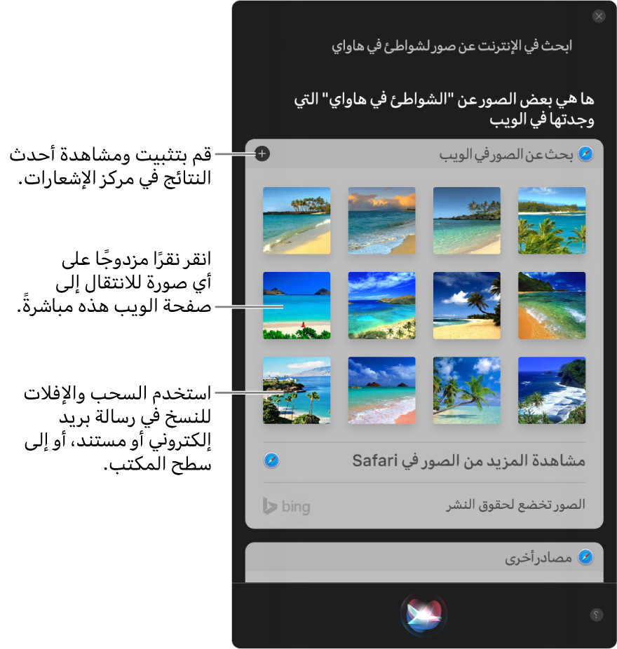 نافذة Siri تعرض نتائج Siri للطلب "ابحث في الويب عن صور الشواطئ في هاواي." يمكنك تثبيت النتائج في مركز الإشعارات، أو النقر مرتين على صورة لفتح صفحة الويب التي تحتوي على صورة، أو سحب صورة إلى بريد إلكتروني أو مستند أو إلى سطح المكتب.