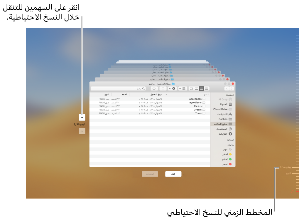 عند فتح Time Machine، سوف ترى شاشة ضبابية بها شاشات Finder متعددة مكدَّسة لتمثيل النُسخ الاحتياطية. انقر على الأسهم للتنقل عبر النسخ الاحتياطية الخاصة بك (أو انقر في المخطط الزمني للنسخ الاحتياطي على اليمين)، واختر الملفات التي تريد استردادها.