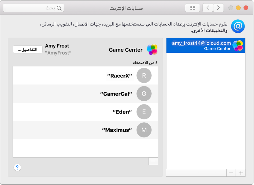 حساب Game Center في حسابات الإنترنت.