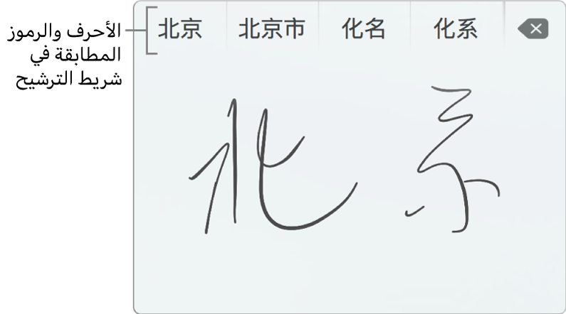 لوحة تعقب الكتابة اليدوية بعد كتابة بكين باللغة الصينية المبسطة. عندما تقوم برسم أشرطة على لوحة التعقب، فإن شريط المرشح (في الجزء العلوي من نافذة الكتابة باليد على لوحة التعقب) يُظهر أحرف ورموز متطابقة ممكنة. اضغط على مرشح لتحديده.
