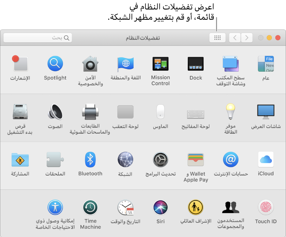 نافذة تفضيلات النظام وتُظهر شبكة من الأيقونات. انقر على زر إظهار الكل في شريط أدوات النافذة لعرض تفضيلات النظام بشكل قائمة، أو لتغيير مظهر الشبكة.