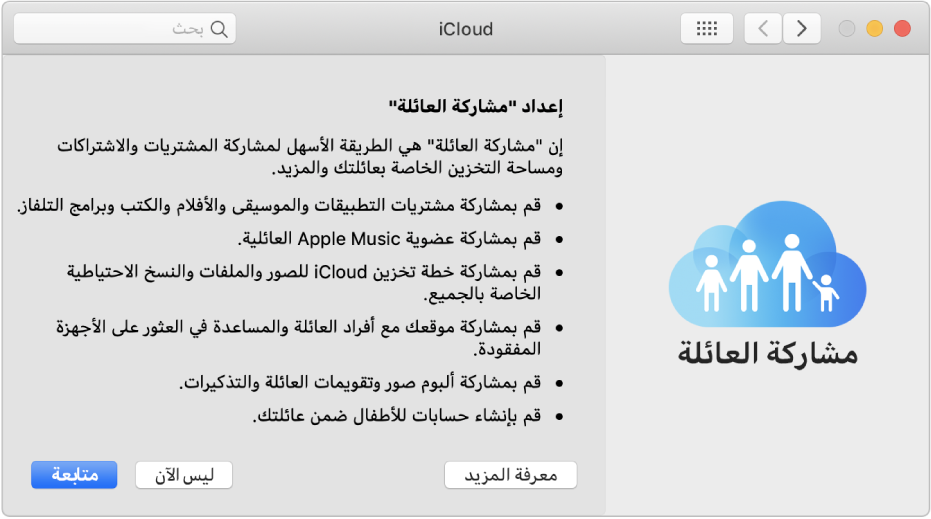 جزء إعداد مشاركة الشاشة في تفضيلات iCloud.
