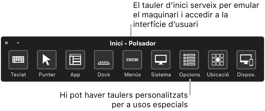 El tauler d’inici de “Control de polsador” conté botons per controlar, d’esquerra a dreta, el teclat, el punter, les apps, el Dock, la barra de menús, els controls del sistema, els taulers personalitzats, la ubicació de la pantalla i altres dispositius.