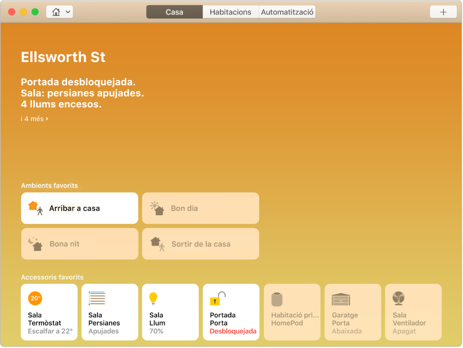 La pantalla d’inici, que mostra l’estat de la porta d’entrada (desbloquejada), les persianes de la sala d’estar (obertes) i altres ítems. També es mostren botons de diversos ambients i accessoris favorits.