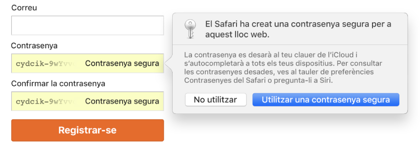 Alerta del Safari que indica que ha creat una contrasenya de seguretat alta per a un lloc web i l’ha desat al clauer de l’iCloud.