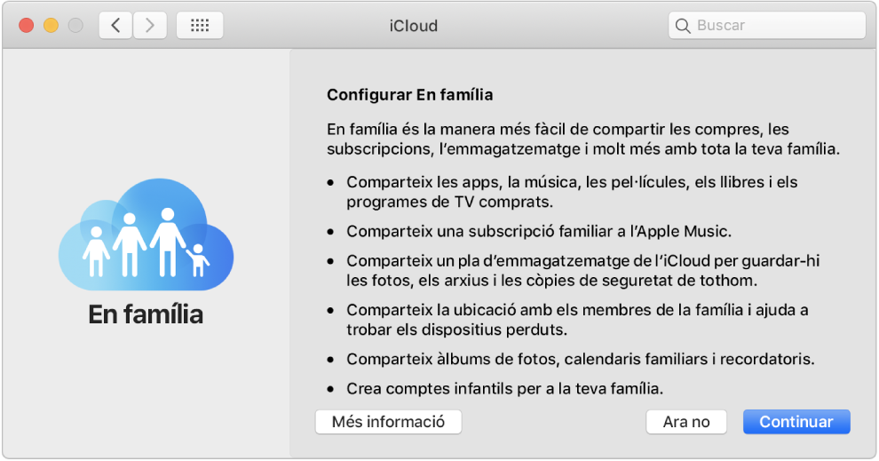 El tauler de configuració de la funció “En família”, a les preferències de l’iCloud.