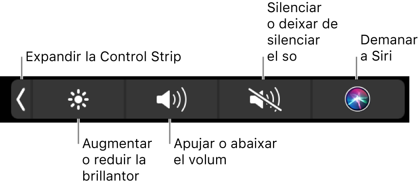 La Control Strip contreta inclou botons, d’esquerra a dreta, per ampliar la Control Strip, augmentar o reduir la brillantor de la pantalla i el volum, silenciar o activar el so i demanar a Siri.