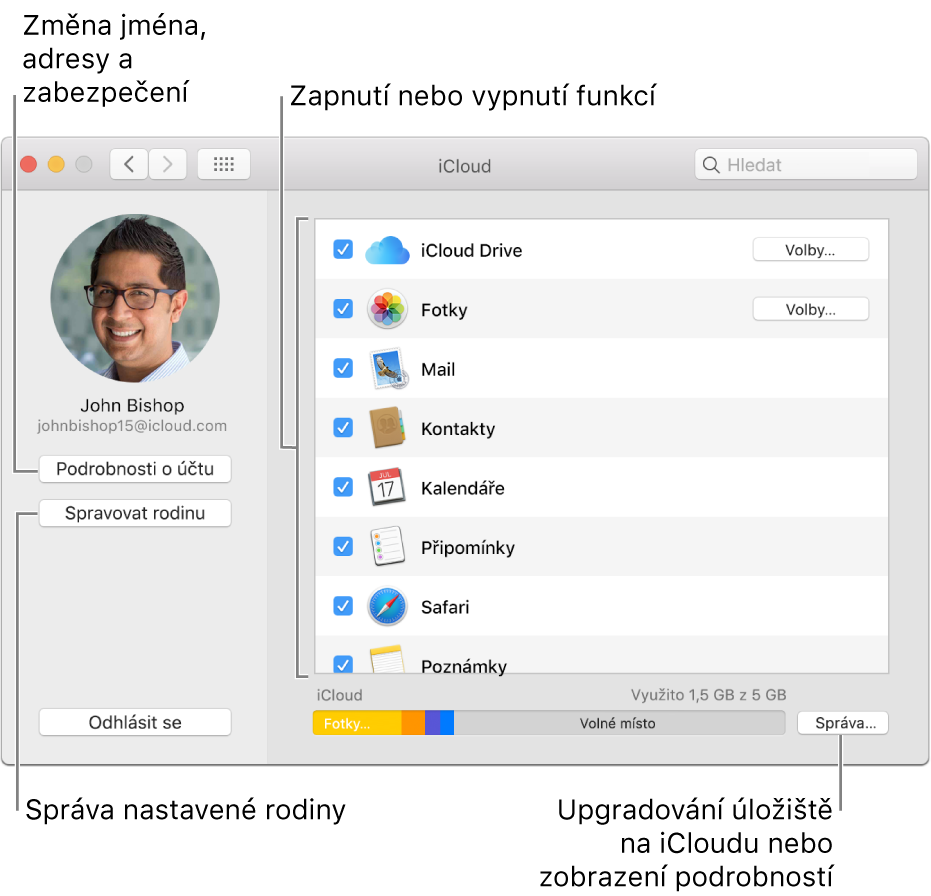 Okno předvoleb iCloud, v němž jsou všechny funkce vybrané