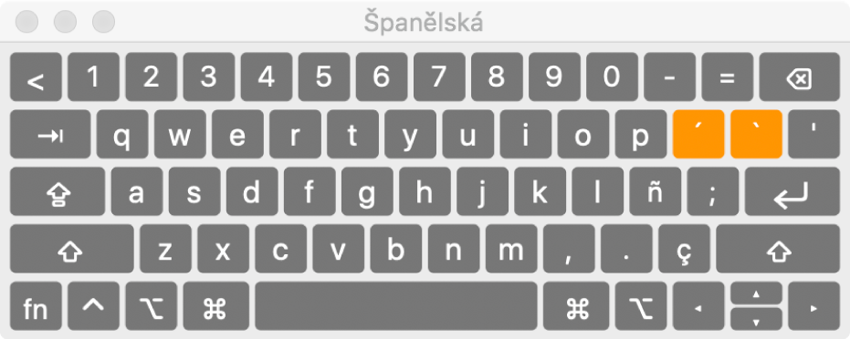 Prohlížeč klávesnic s rozložením pro španělštinu.