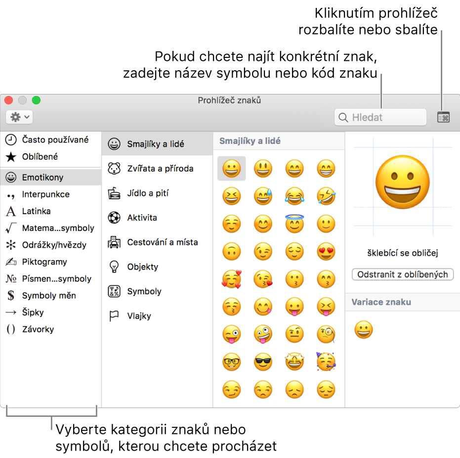 Okno Prohlížeč znaků. Nalevo vyberte kategorii pro procházení znaků a symbolů. Konkrétní znak můžete vyhledat tak, že do pole hledání zadáte kód nebo název symbolu. Prohlížeč můžete rozbalit nebo sbalit kliknutím v pravém horním rohu.