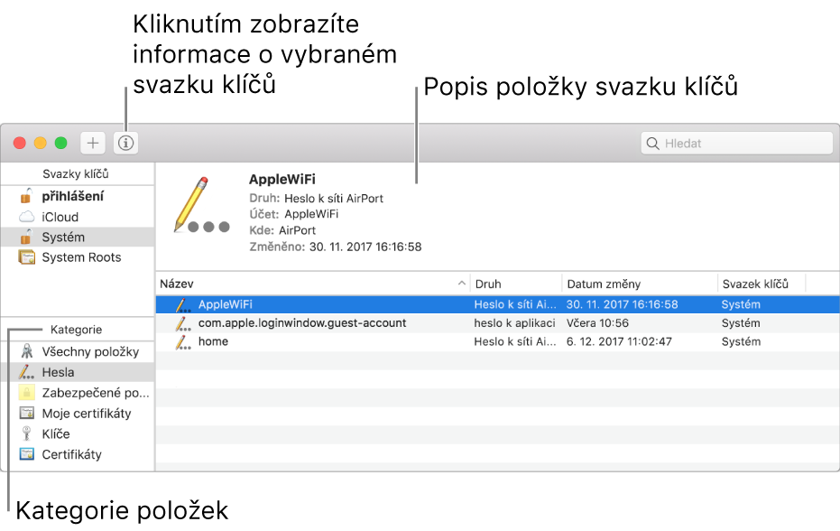 Hlavní části okna klíčenky na iCloudu: seznam kategorií, seznam položek svazku klíčů a jejich popis.