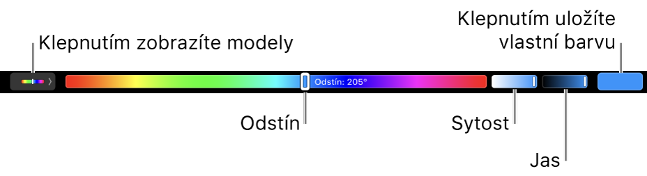 Touch Bar s jezdci odstínu, sytosti a jasu pro model HSB. Na levém kraji se nachází tlačítko pro zobrazení všech profilů; napravo je tlačítko pro uložení vlastní barvy