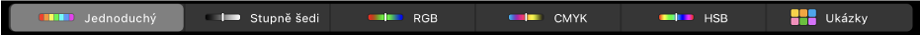 Touch Bar se zobrazením barevných modelů (zleva doprava): Jednoduchý, Stupně šedi, RGB, CMYK a HSB. Na pravém kraji je vidět tlačítko Ukázky