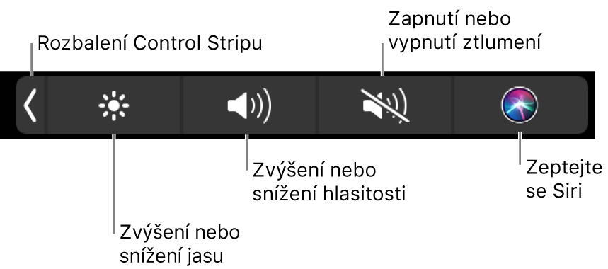 Sbalený Control Strip s tlačítky (zleva doprava) pro rozbalení ovládacího pásu, zvýšení nebo snížení jasu monitoru a hlasitosti, vypnutí nebo zapnutí zvuku a komunikaci se Siri