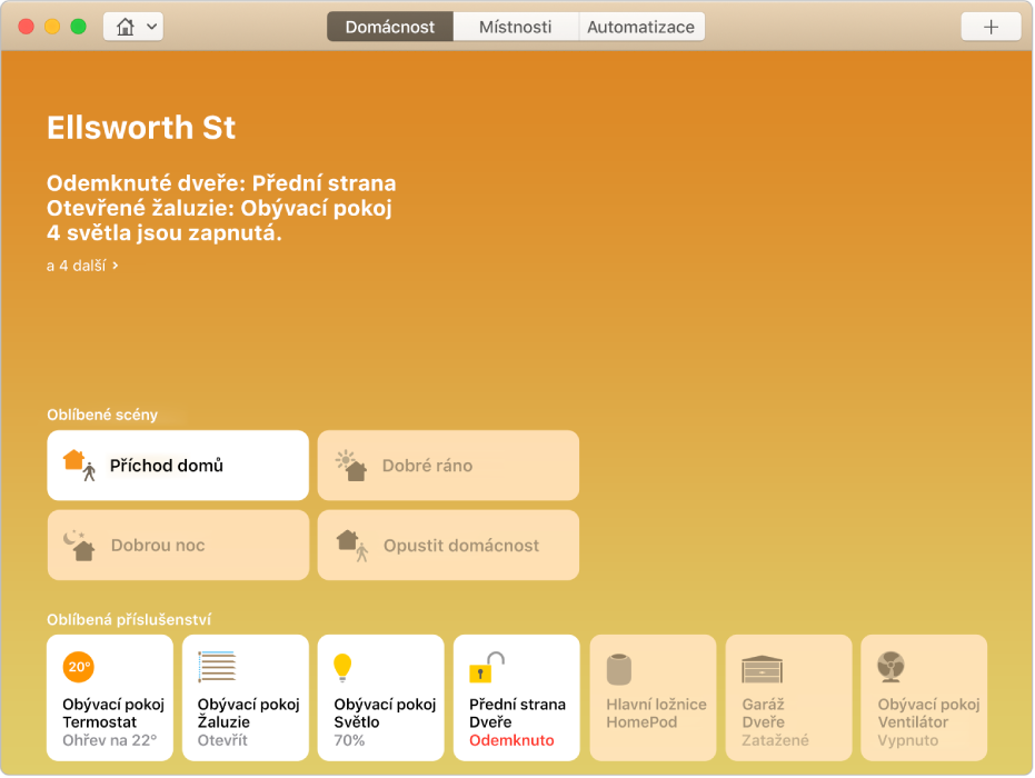Obrazovka aplikace Domácnost, na které se zobrazuje stav vchodových dveří (odemknuté), žaluzií v obývacím pokoji (roztažené) a další údaje. Jsou vidět také tlačítka různých oblíbených scén a oblíbeného příslušenství.