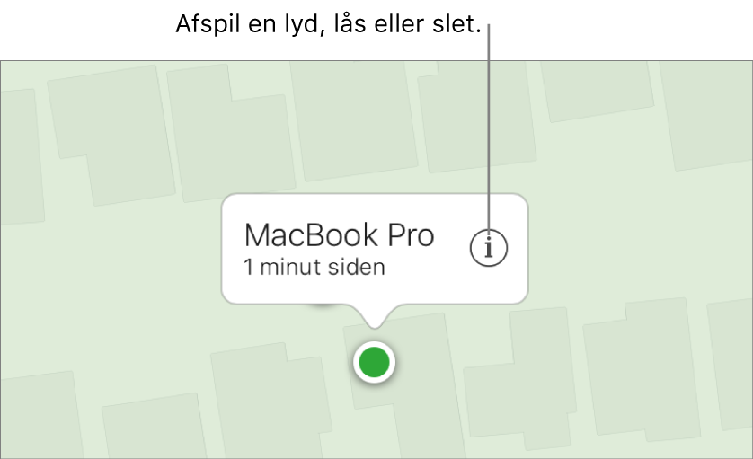 Et kort i Find min iPhone på iCloud.com, der viser en Mac-computers lokalitet.